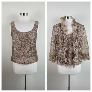 Jackie Jon New York Brown Gold Floral 2 Piece Blouse Jacket Set Women Size 6